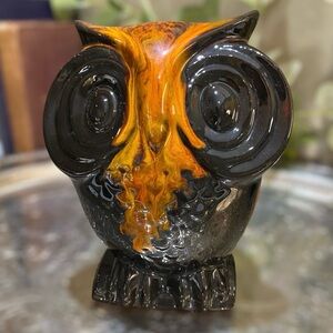 Vintage Owl Bank Coin Retro Mid Century Glazed Pottery with Plug Brown Orange